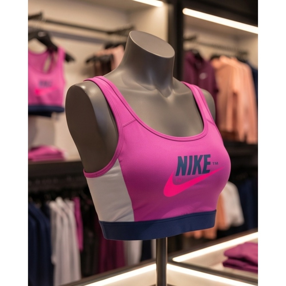 Nike Sportswear XL Dri-FIT Pink Navy White Colorblock Logo Sports Bra Crop Top